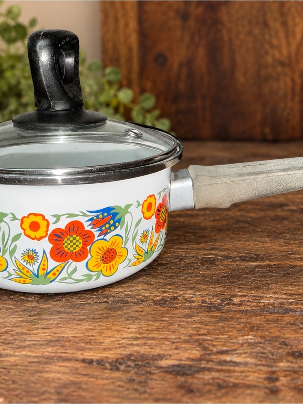 Vintage Floral Enamel Saucepan 6” Retro Orange Yellow Flowers Glass Lid